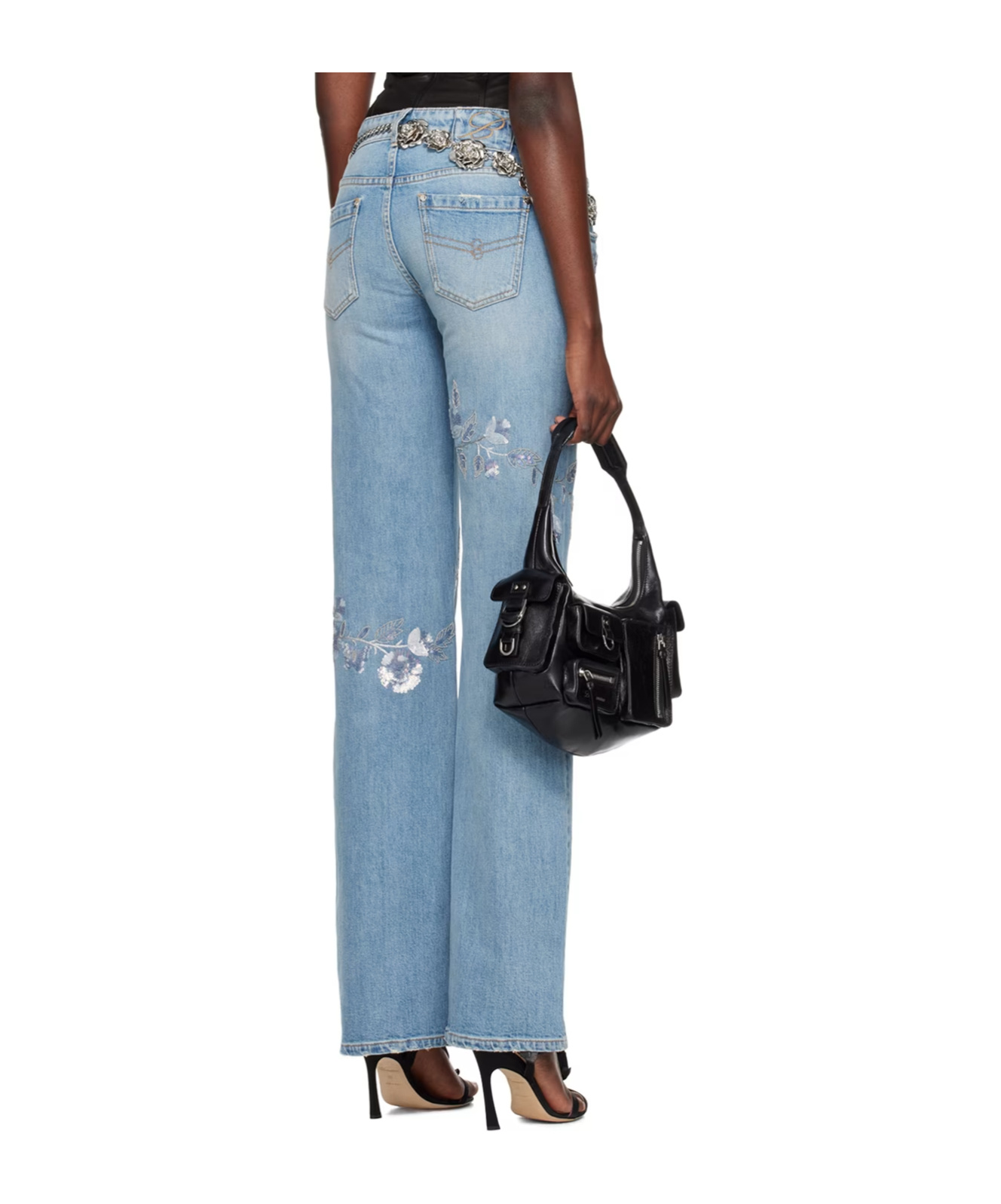 Shop Blumarine Floral Sequined Jeans In Blue