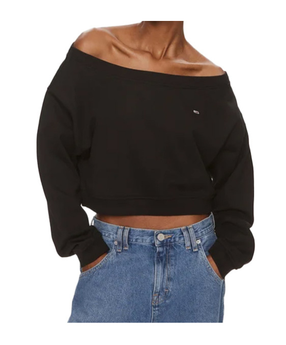 Tommy Hilfiger Tommy Jeans Off-shoulder Cropped Sweatshirt In Black