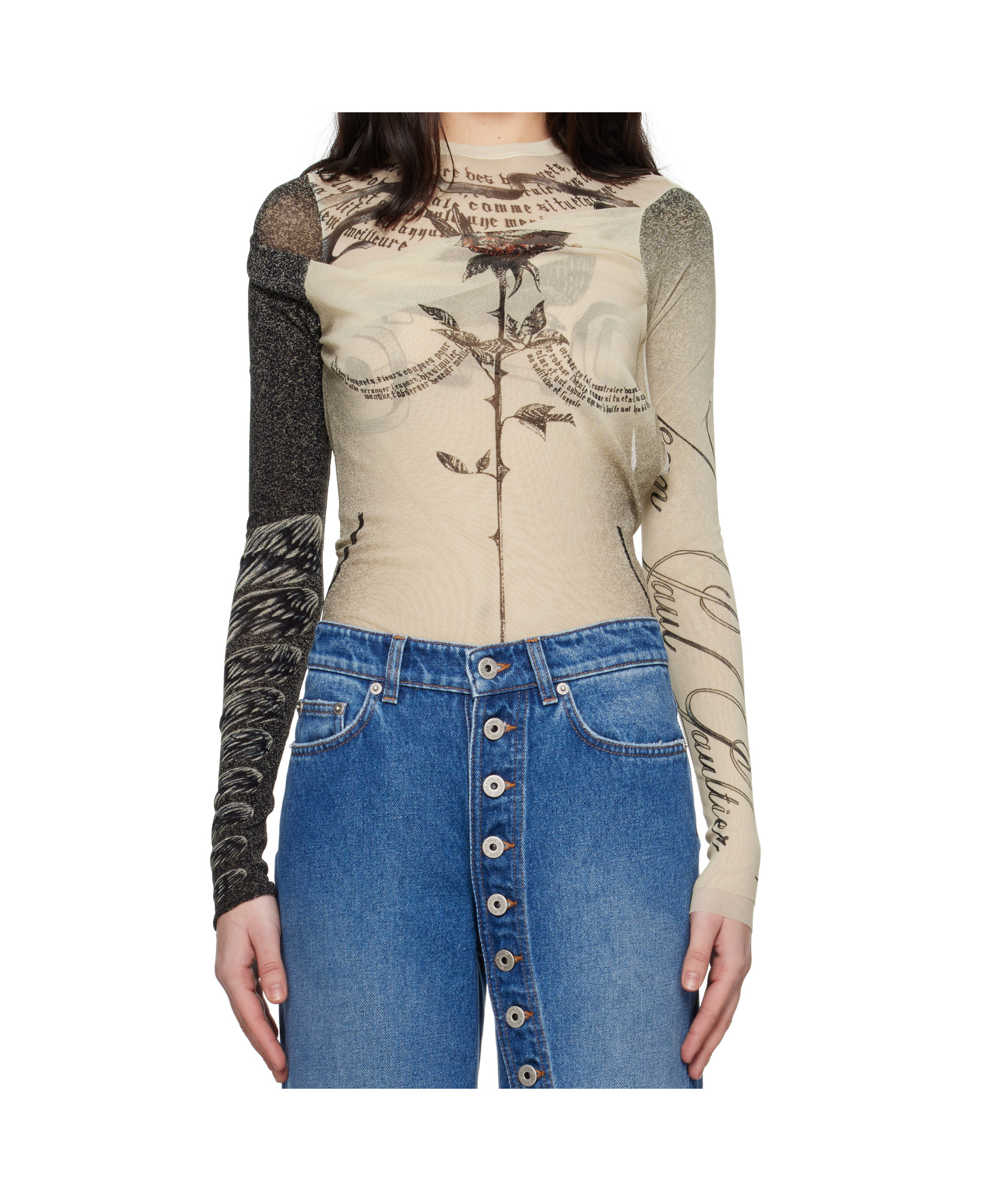 Jean Paul Gaultier Tattoo Print Cutout Double Layer Mesh Thong Bodysuit In True Color