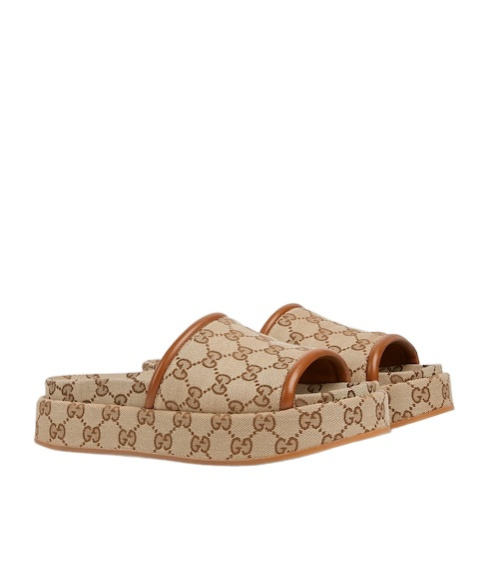 Gucci Women Beige Sandals With Leather Finishes And All-over Gg Motif In Fabric Woman In Brown