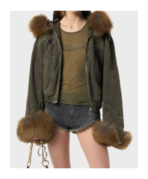Blumarine Green Jacket With Removable Fur Details In Cotton Woman In Green