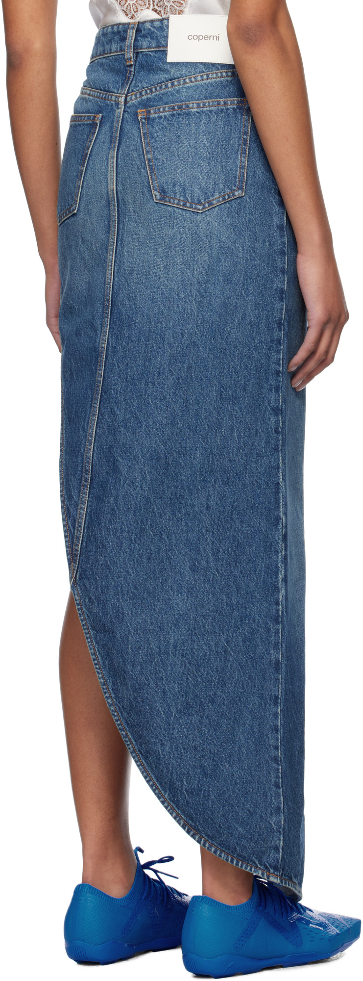 Coperni Blue Skirt With Logo Patch On The Rear And Diagonal One-leg Cut In Denim Woman In Blue