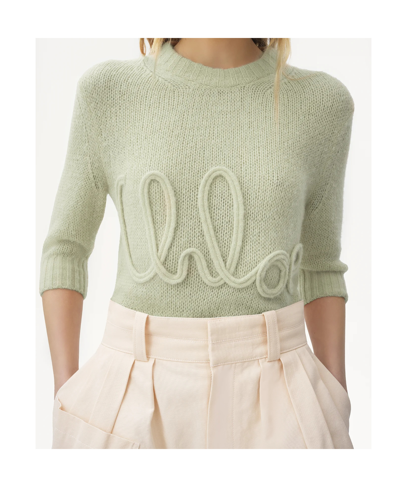 Chloé Elbow-sleeve Logo Jumper In Alpaca Wool & Silk Knit Green Size L 62% Wool Vicugna Pacos, Farmed, Coo In Green
