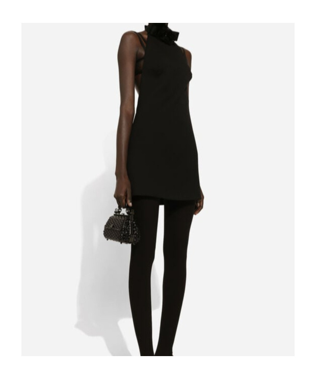 Dolce & Gabbana Black Mini Dress With Floral Detail In Wool Woman In Black