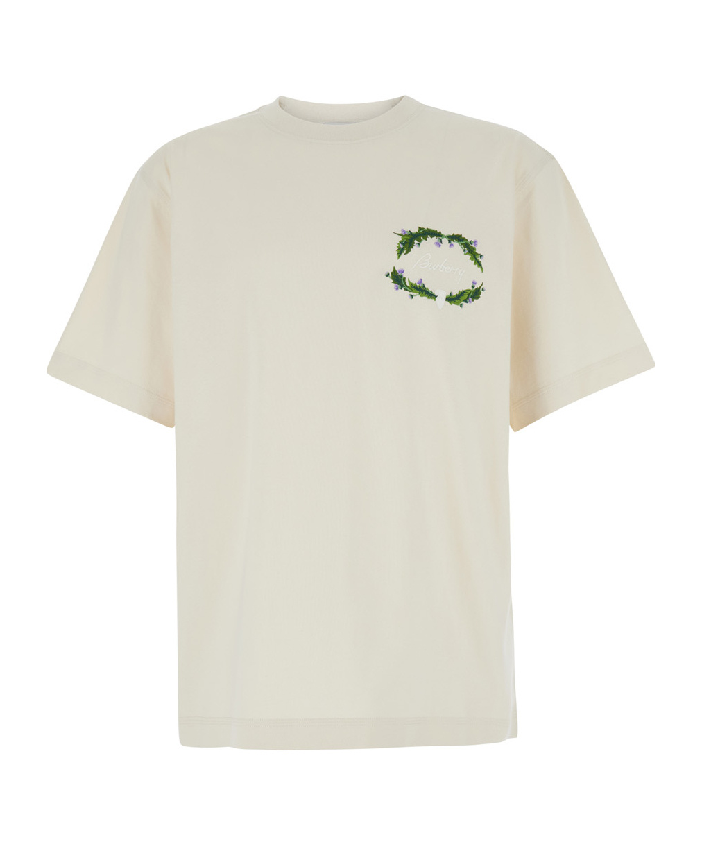 Burberry White Crewneck T-shirt With Embroidered Logo On The Front In Cotton Man In White