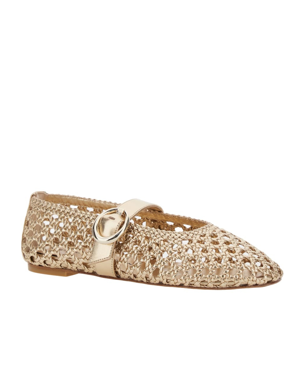Stuart Weitzman Lace-up Woven Leather Ballerina In Gold