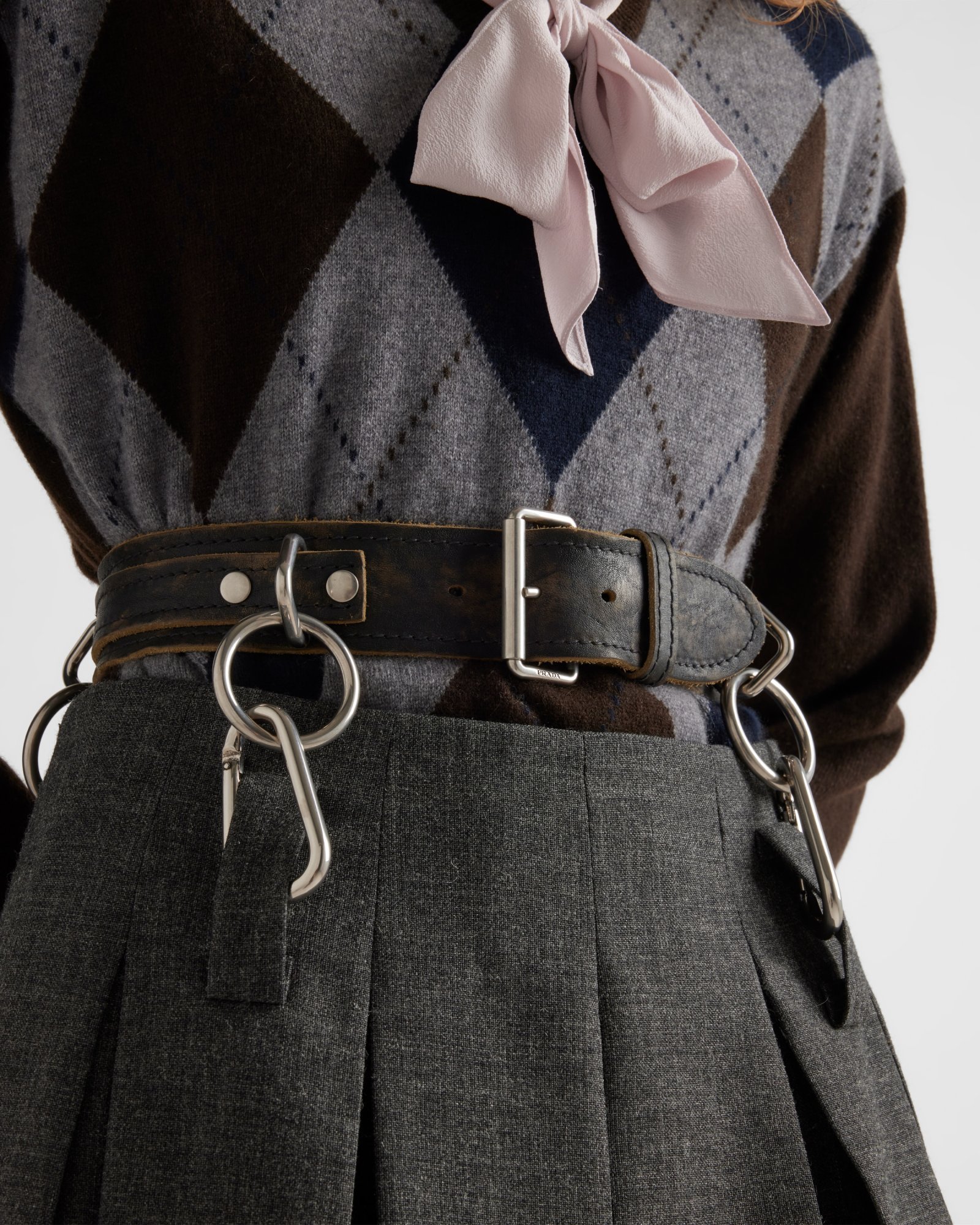 Prada Suspended Leather Belt Pleated Wool Skirt In Limestone Ash
