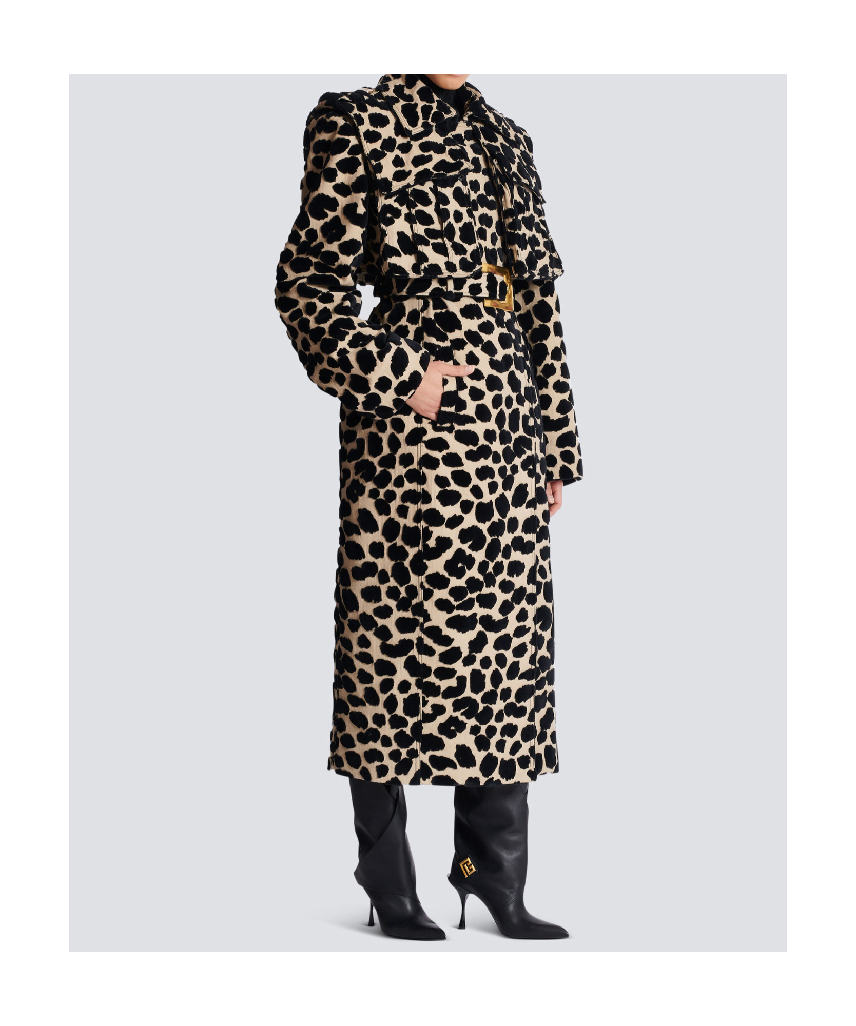 Balmain Leopard Print Jacquard Belted Trench In Black