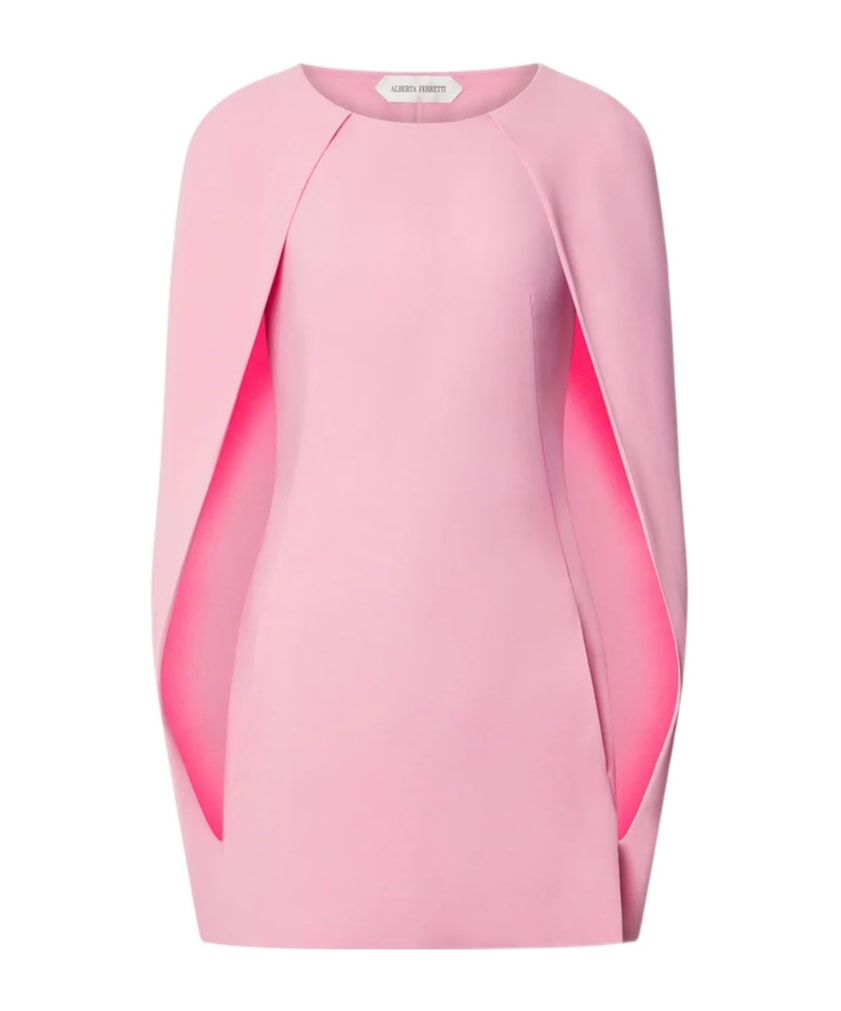 Alberta Ferretti Women Pink Crew Neck Dress With Cap Sleeves And Draped Shoulders In Fabric Woman In Pink