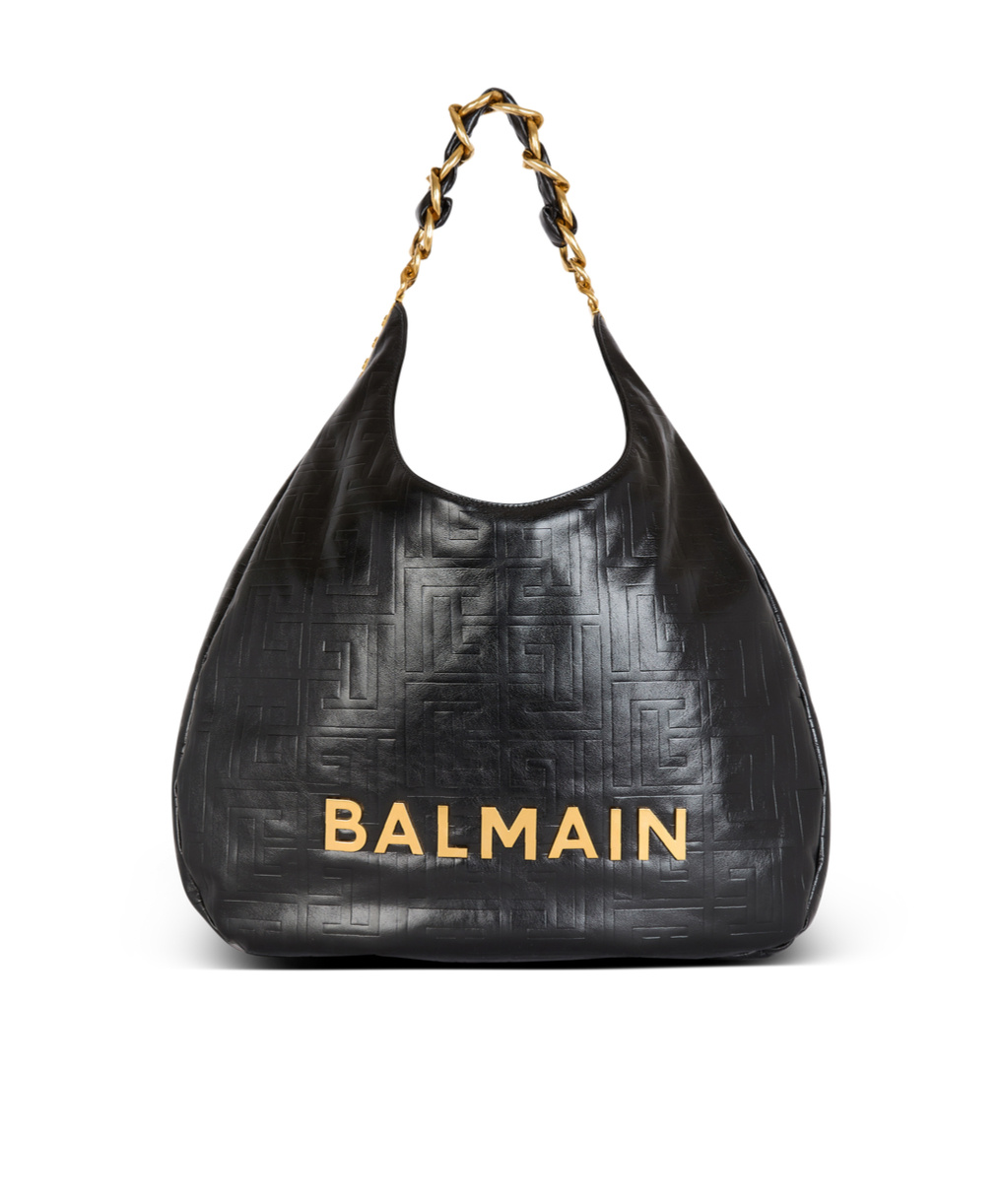 Balmain 1945 Soft Hobo Crinkled Leather Tote Bag With Monogram In Black