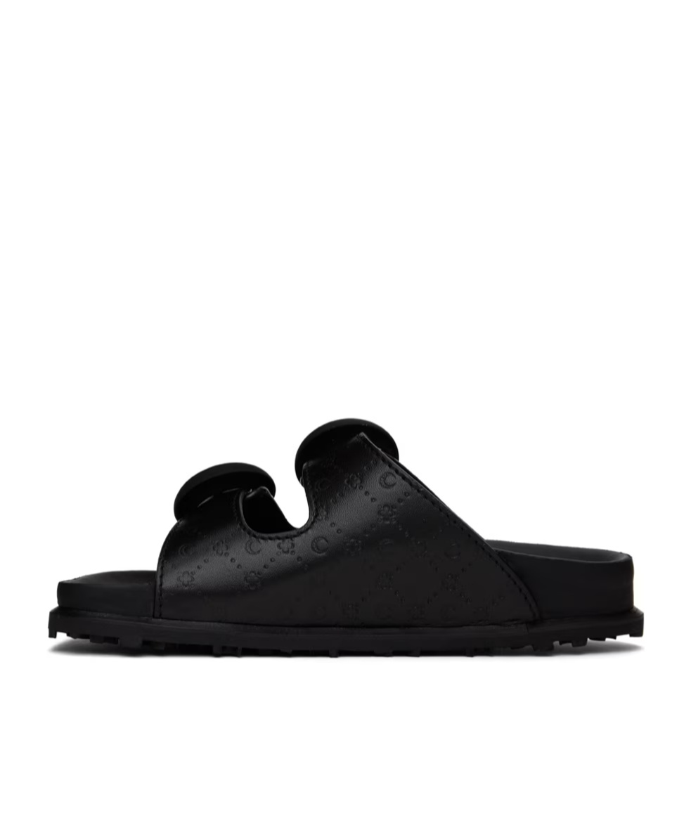 Marine Serre Embossed Leather Ms Ground Logo Embossed Slippers In Black