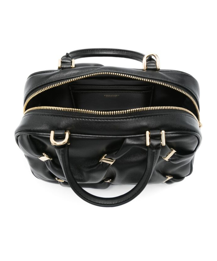 Ferragamo Leather Handbag With Draped Details Secured By Mini Vara Bows In Black