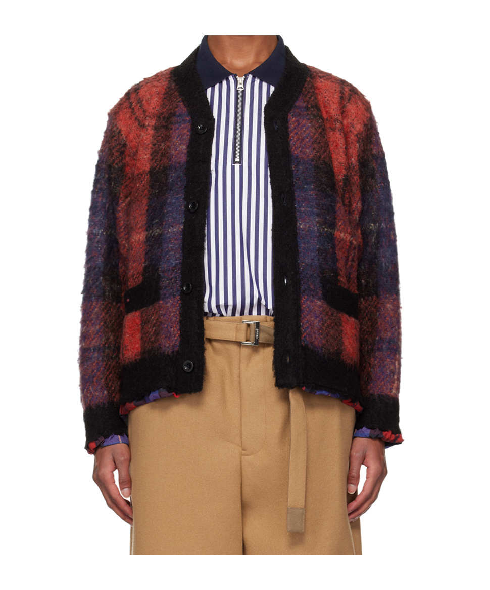 Sacai Checked Knitted Cardigan In Multicolor