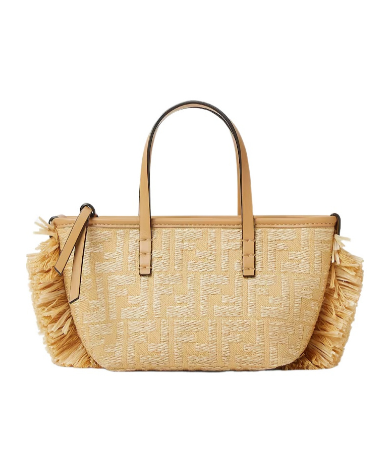 Fendi Borsa A Mano Roll Mini In Rafia Ricamata  Donna In Light Brown