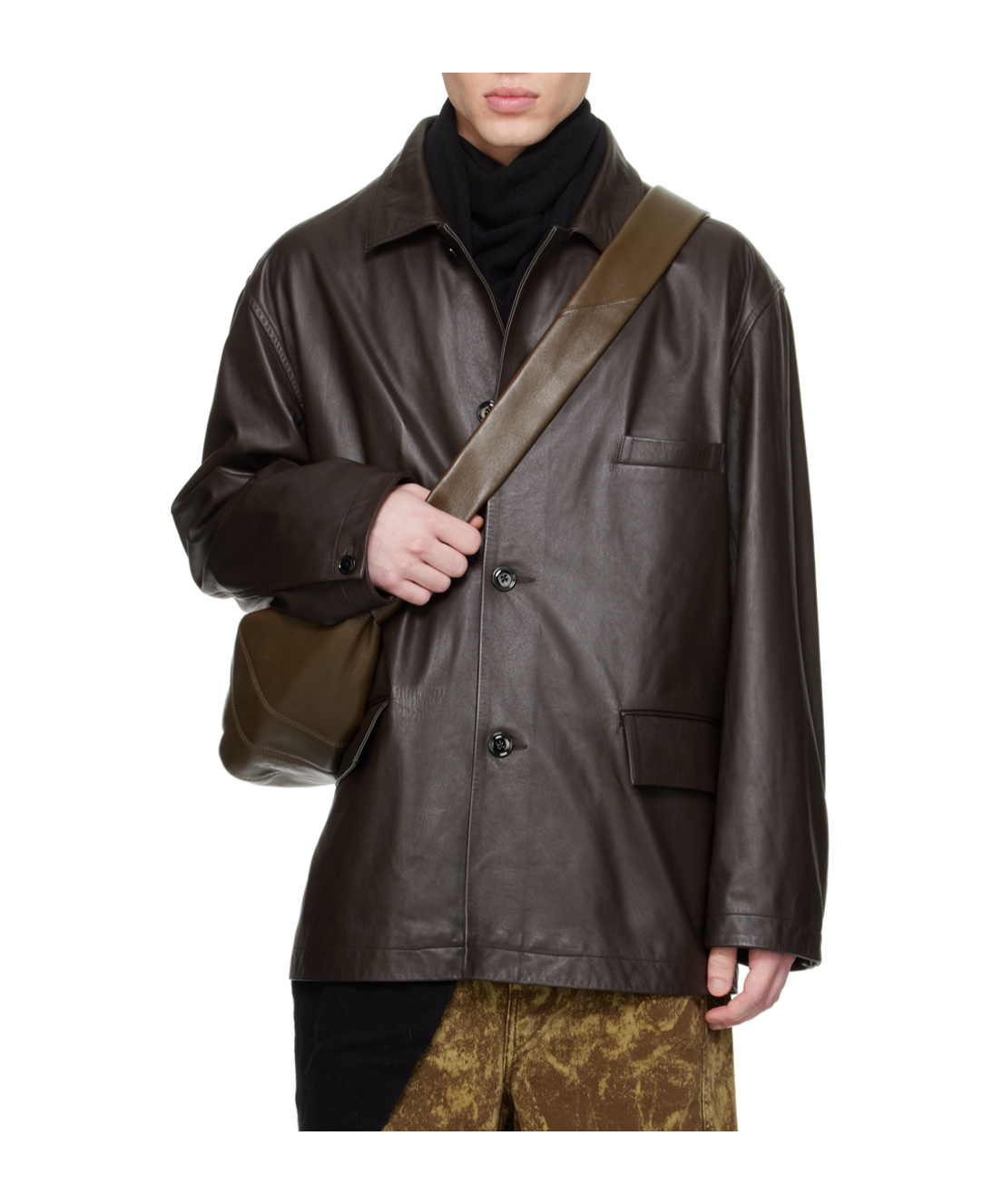 Lemaire Brown Spread Collar Leather Jacket In Black