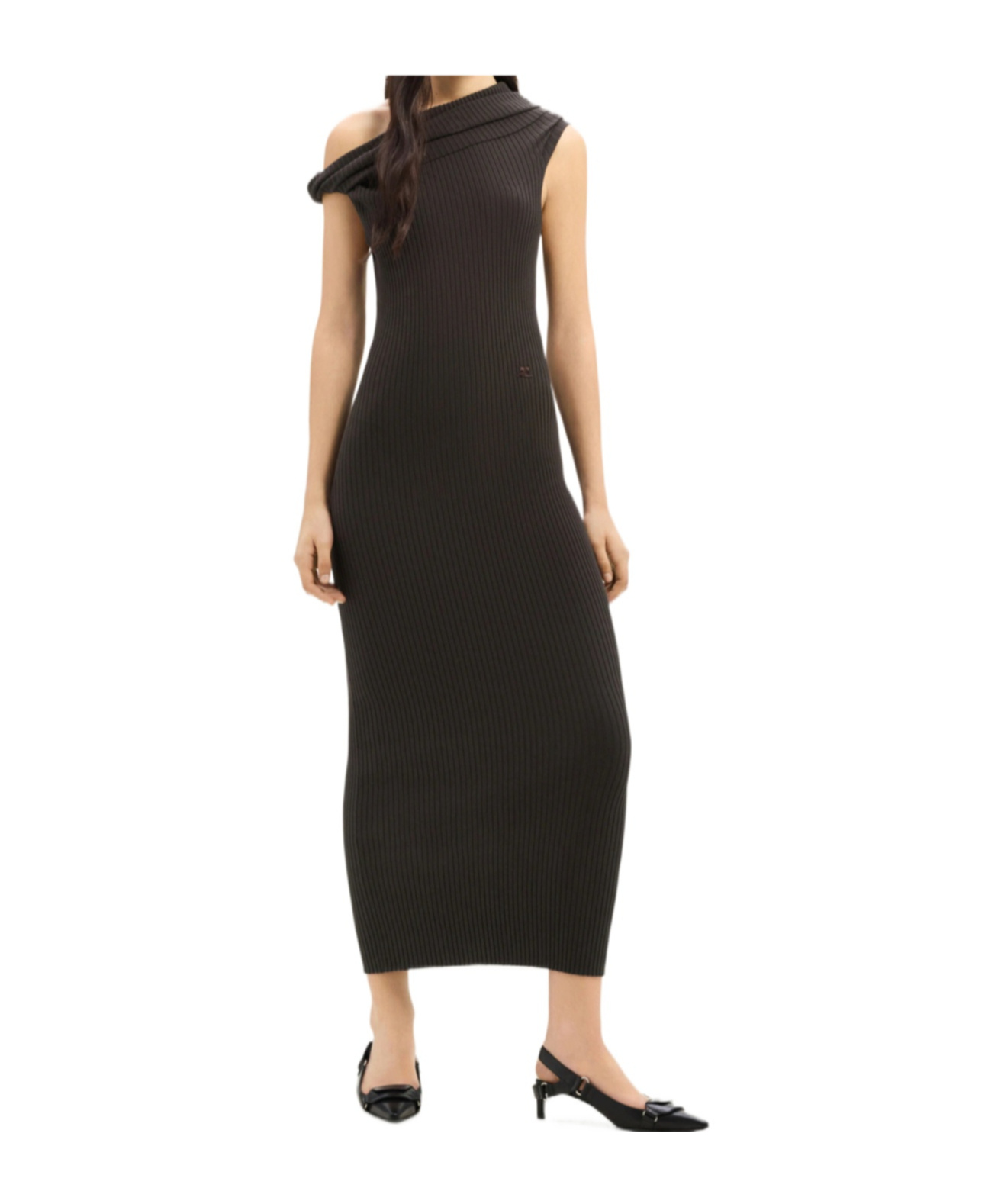 Shop Courrèges Assymetric Ribbed-knit Long Dress In Black
