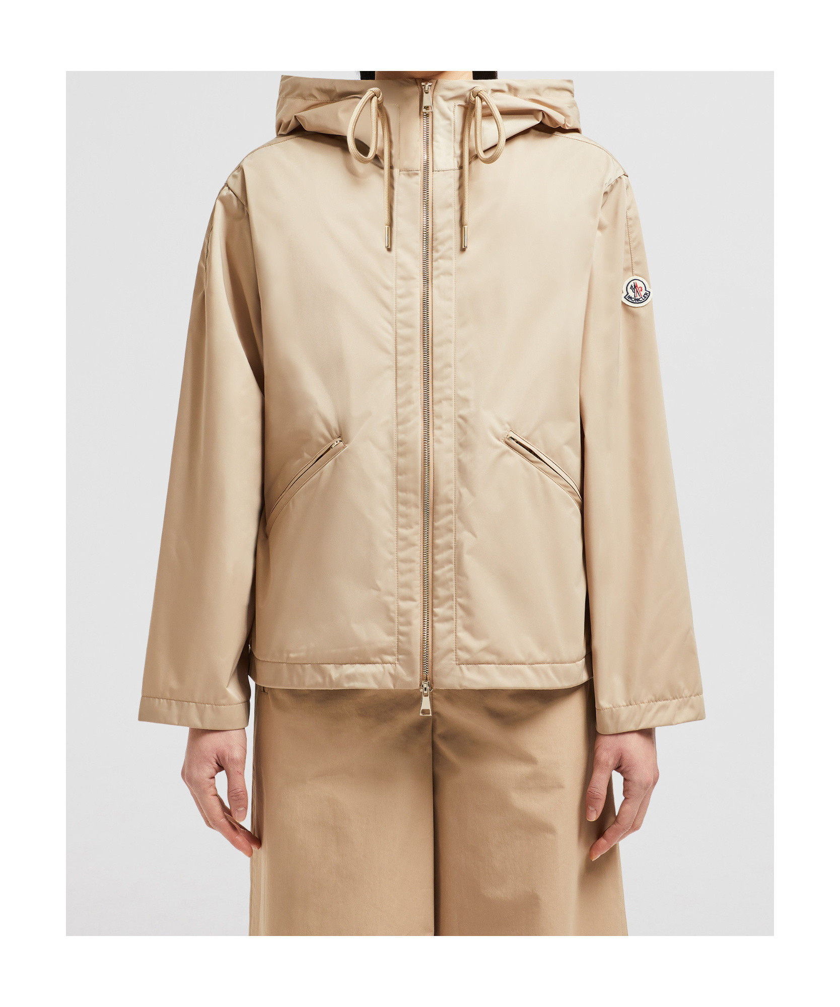 Moncler Cassiopea Hooded Polyester Jacket Drawstring Pockets In Brown