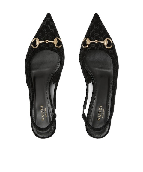 Gucci Women Black Gg Velvet Horsebit Slingback Pumps In Black