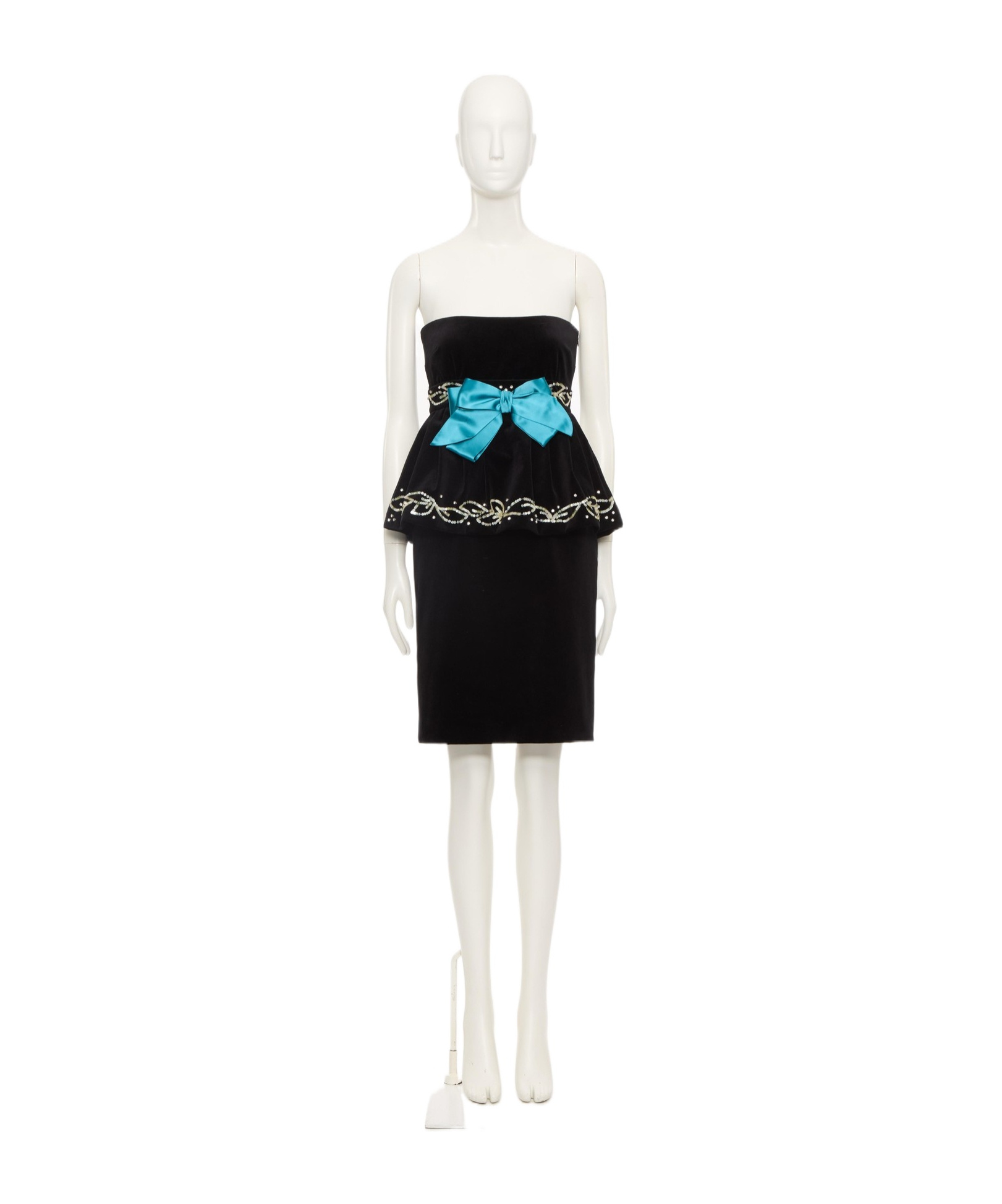 Valentino Embellished Satin-trimmed Cropped Cotton-blend Velvet Peplum Top In Black