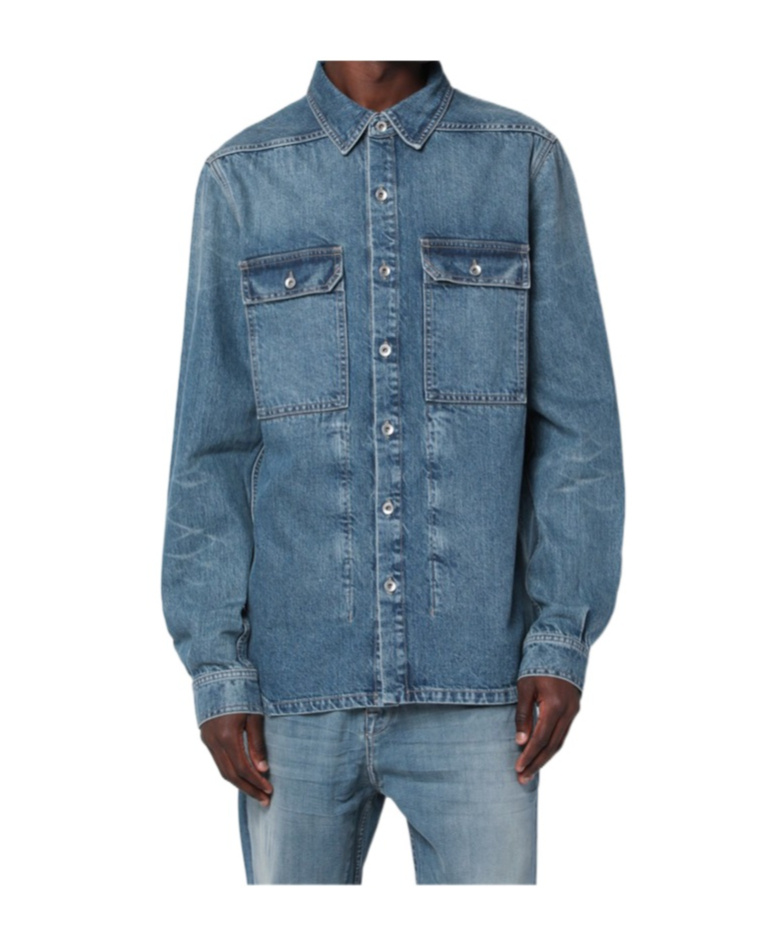 Rick Owens Drkshdw Mens Two-buttoned-pockets Curved-hem Denim Shirt Washed Indigo In Blue