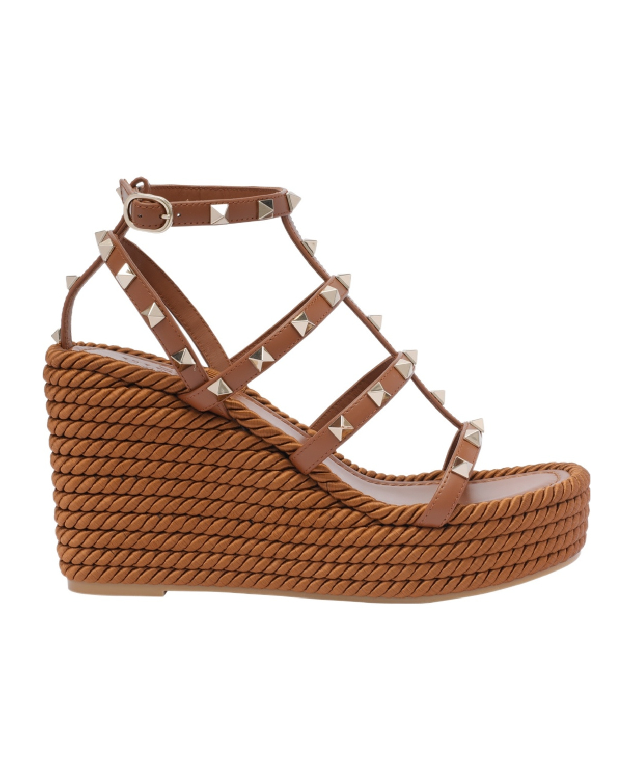 Valentino Rockstud Torchon 105 Leather Espadrille Wedge Sandals In Brown