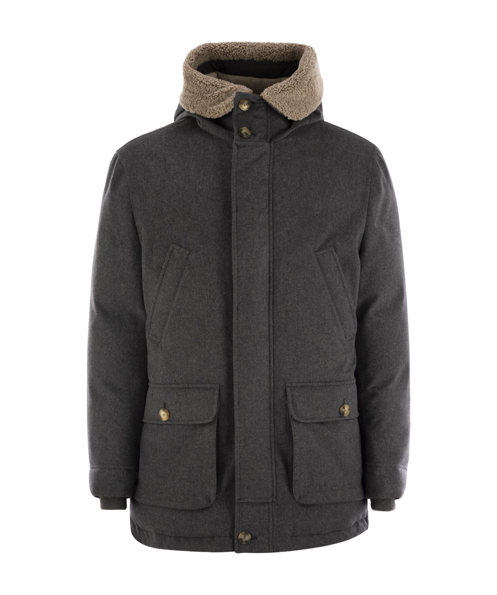 Brunello Cucinelli Men Membranated Wool Flannel Parka Down Jacket With Hood And Shearling Insert In Black
