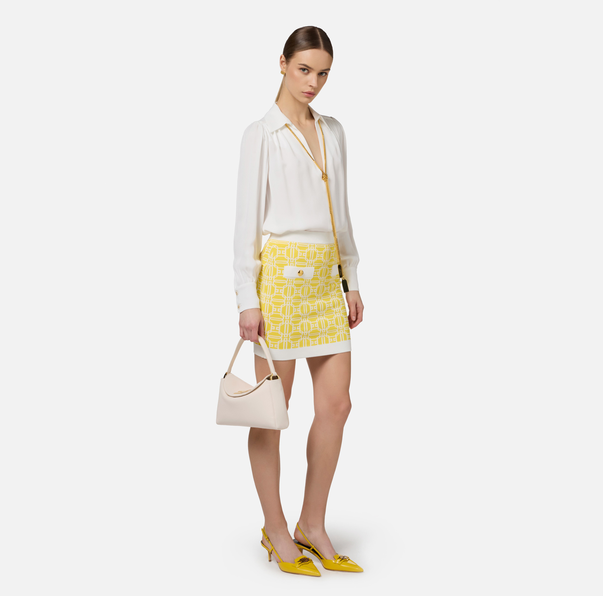 Elisabetta Franchi Georgette Blouse With Charms Necklace In White