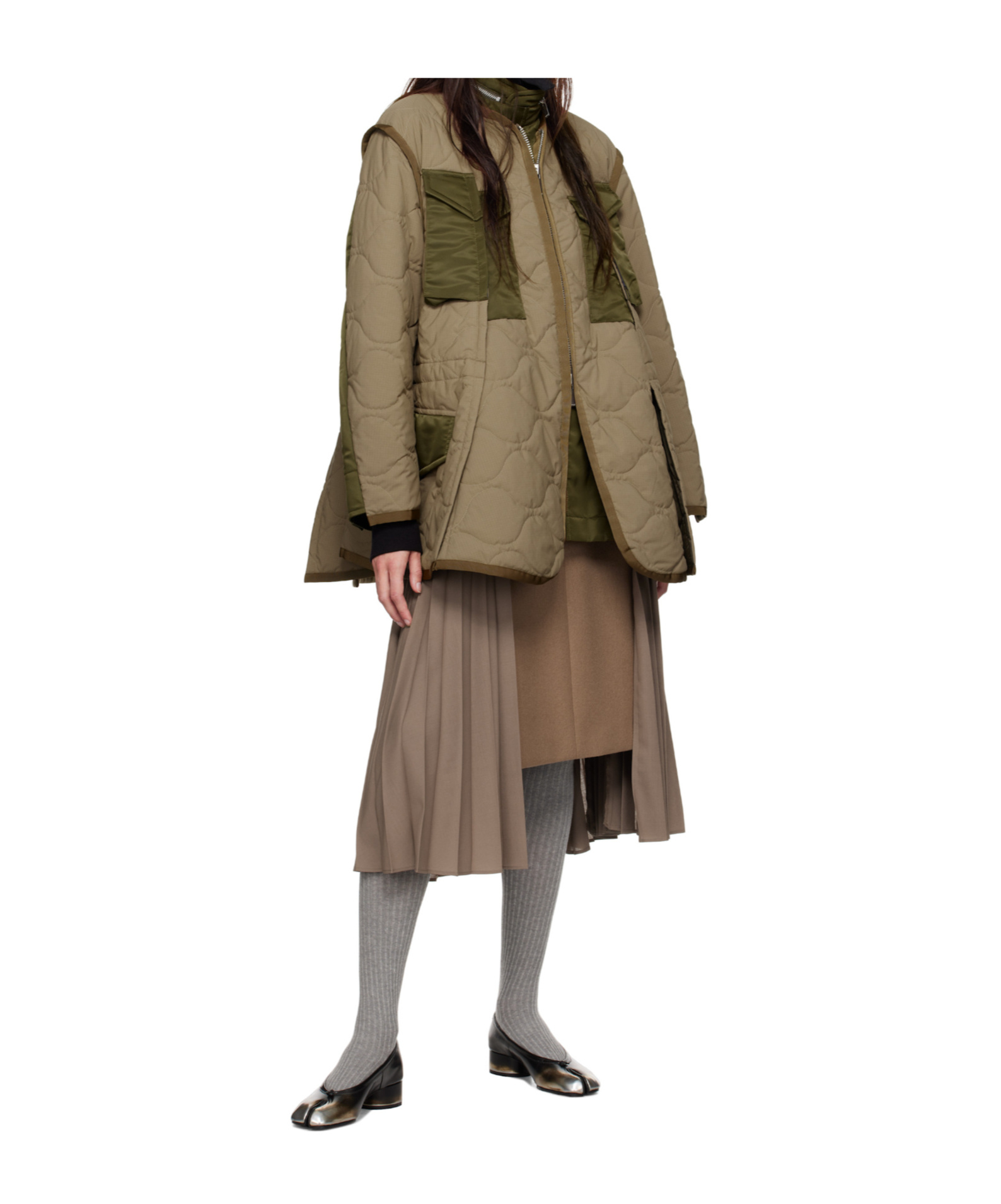 Sacai Khaki Suiting & Wool Melton Midi Skirt In Brown