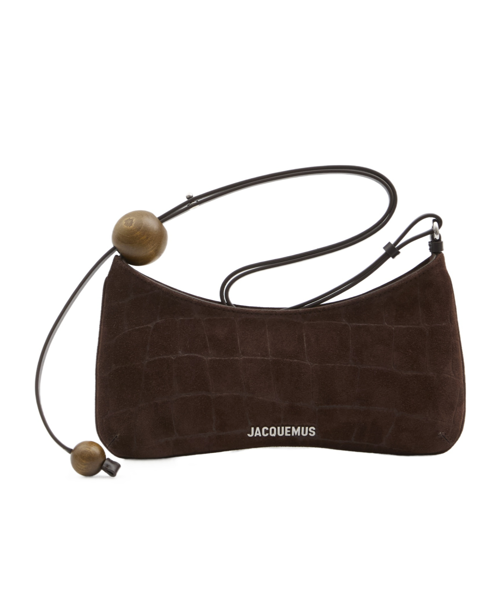 Jacquemus Le Bisou Perle Embellished Leather-trimmed Croc-effect Suede Shoulder Bag In Brown