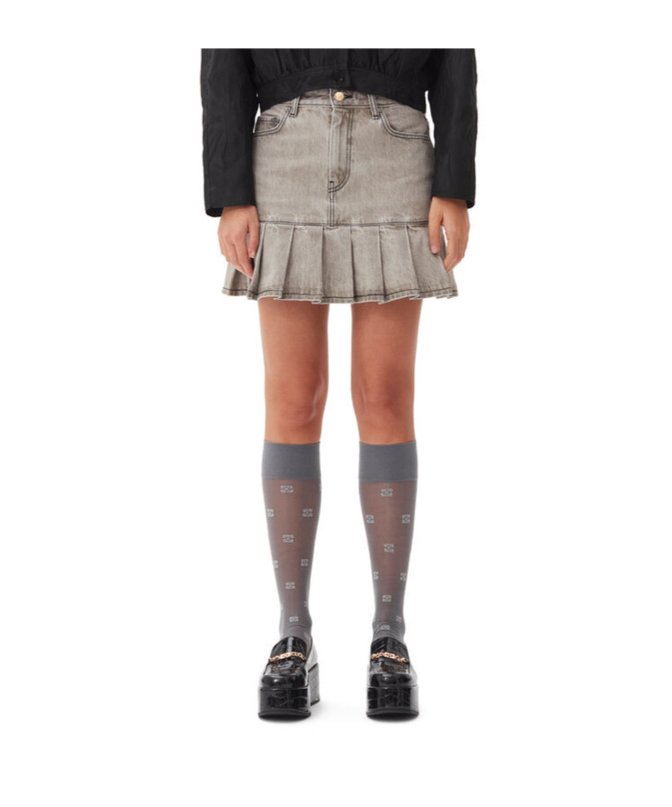 Ganni Grey Future Denim Pleated Mini Skirt In Gray