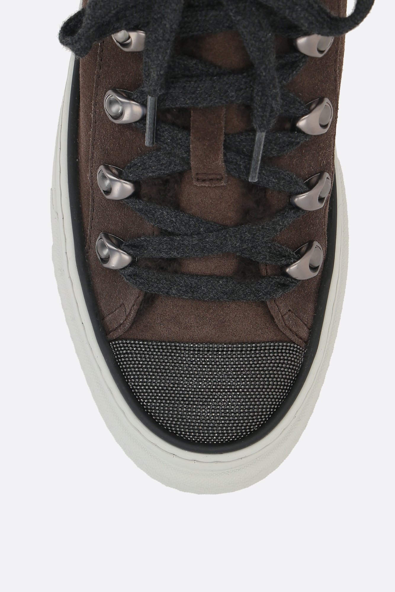Brunello Cucinelli Shearling-trim Lace-up Sneakers In Brown