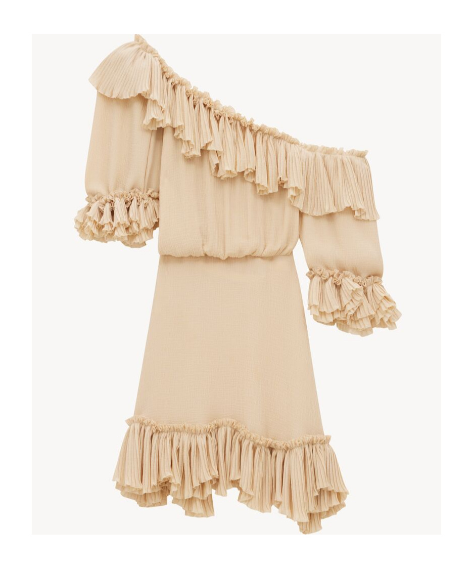 Saint Laurent Beige One-shoulder Dress With Asymmetric Neckline And Poet Sleeves In Silk Woman In Nude