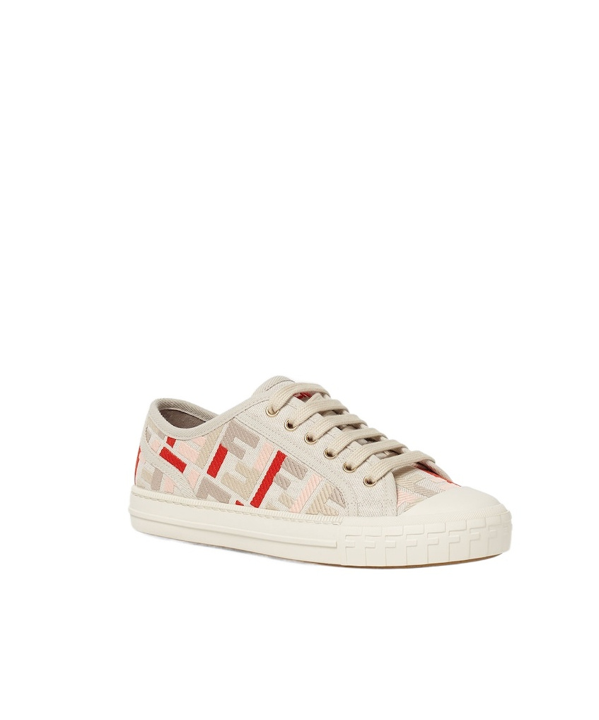 Fendi Beige Embroidered Canvas Low Tops In Gold