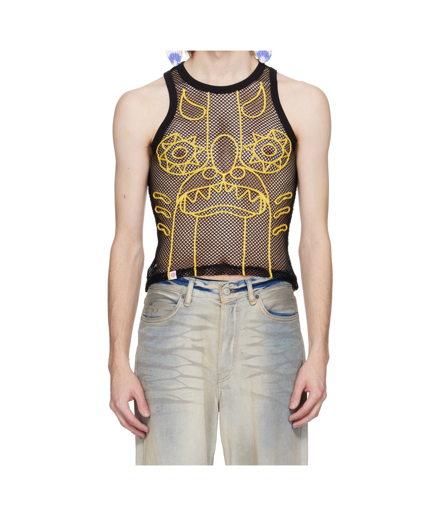 Charles Jeffrrey Loverboy Ssense Exclusive Black Yellow Graphic Net Tank Top In Nude