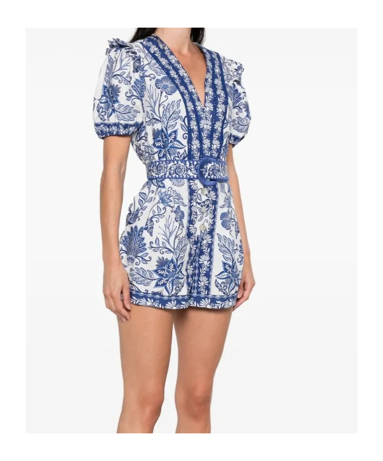 Farm Rio Shell Garden V-neckline Romper In Off-white In Blue