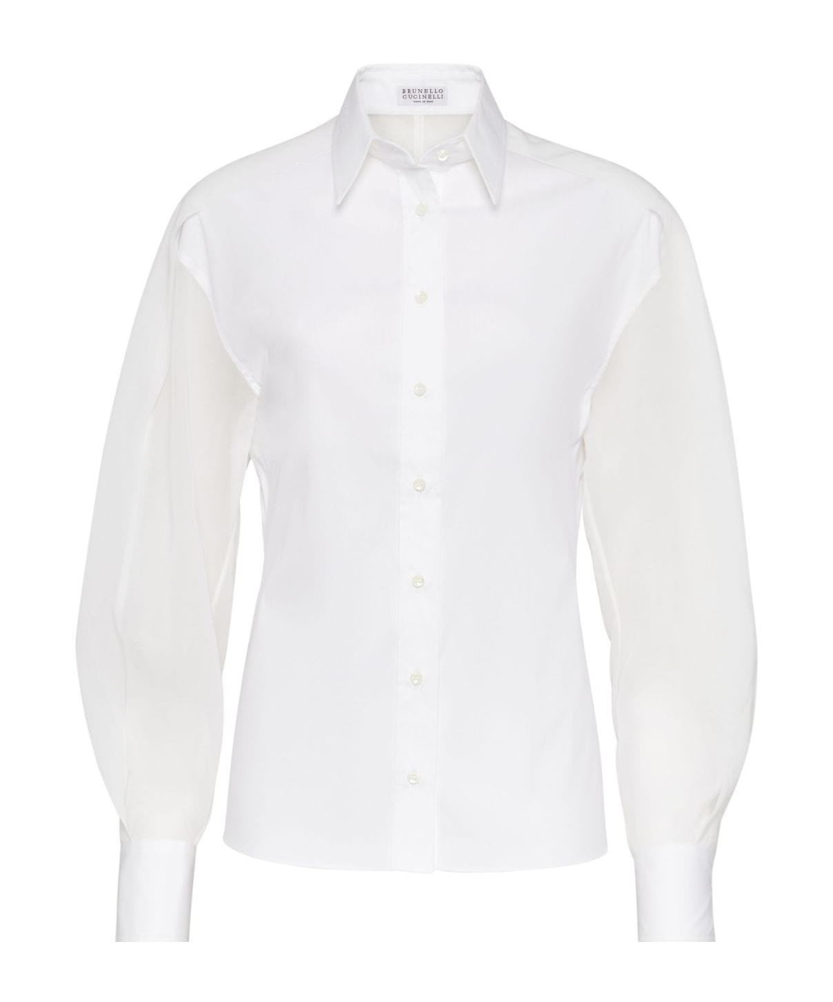 Brunello Cucinelli Stunning White Stretch Cotton Poplin Shirt With Light Knit Sleeves And Necklace In White