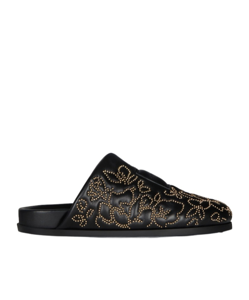 Givenchy Label Flat Mules In Leather With Studs In Black/gold
