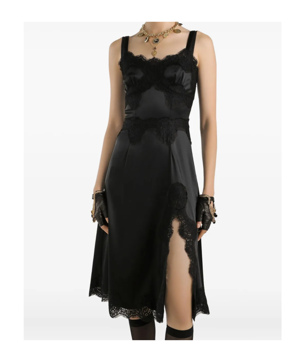 Dolce & Gabbana Lace Trim Satin Dress With Spaghetti Straps In Black