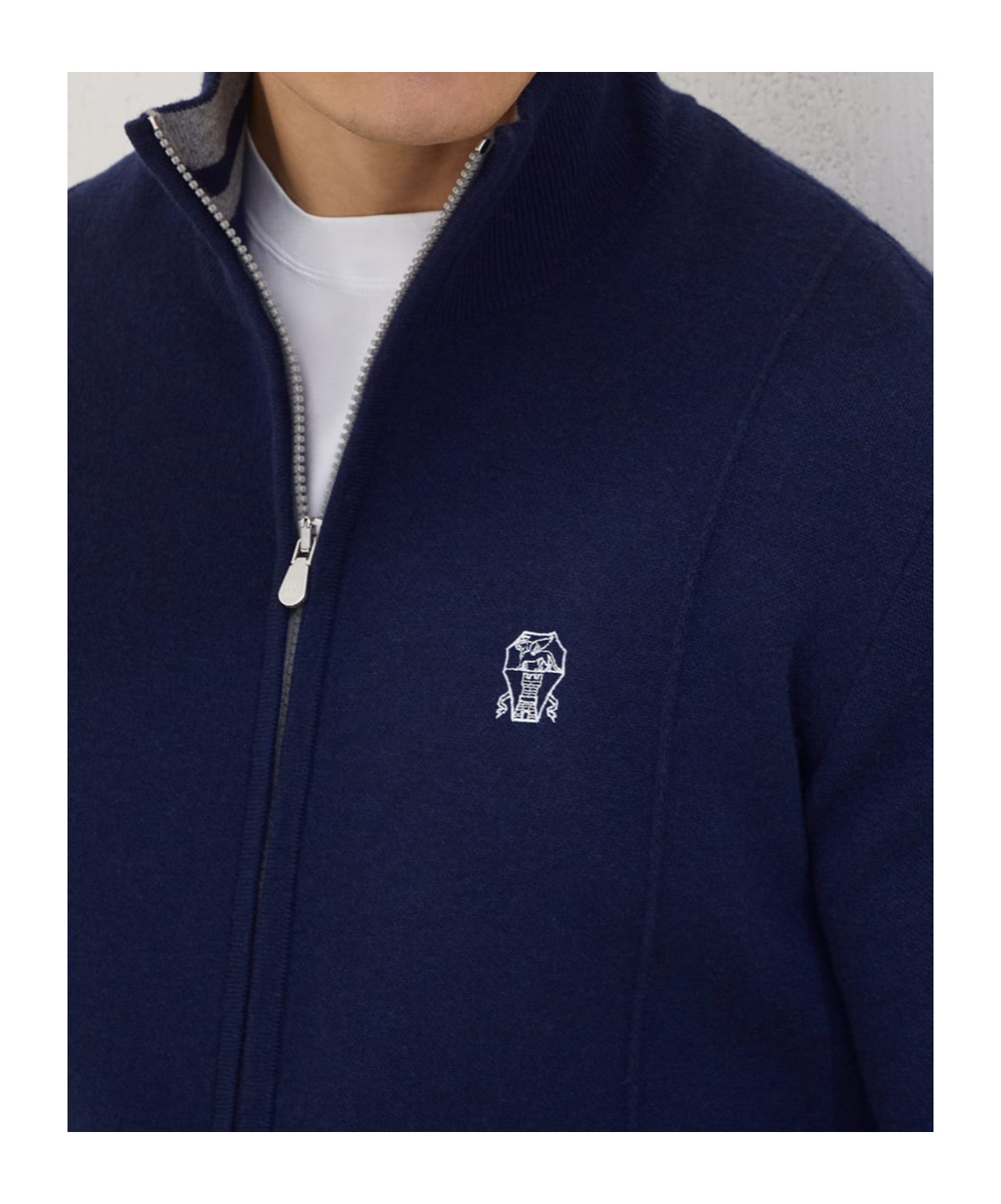 Brunello Cucinelli Zip-front Embroidered-logo Cardigan In Blue