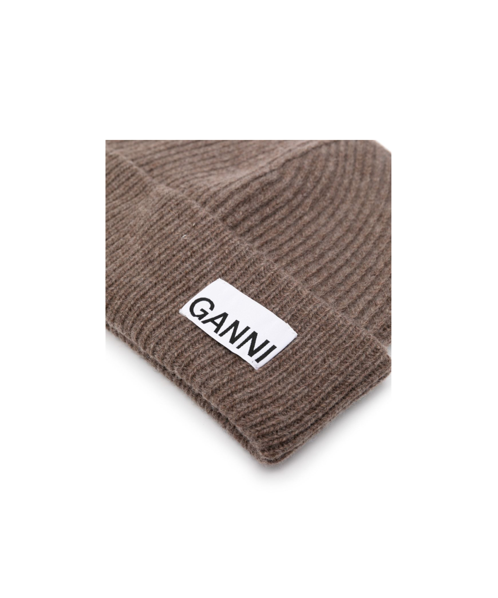 Ganni Logo-patch Ribbed Beanie In Brown