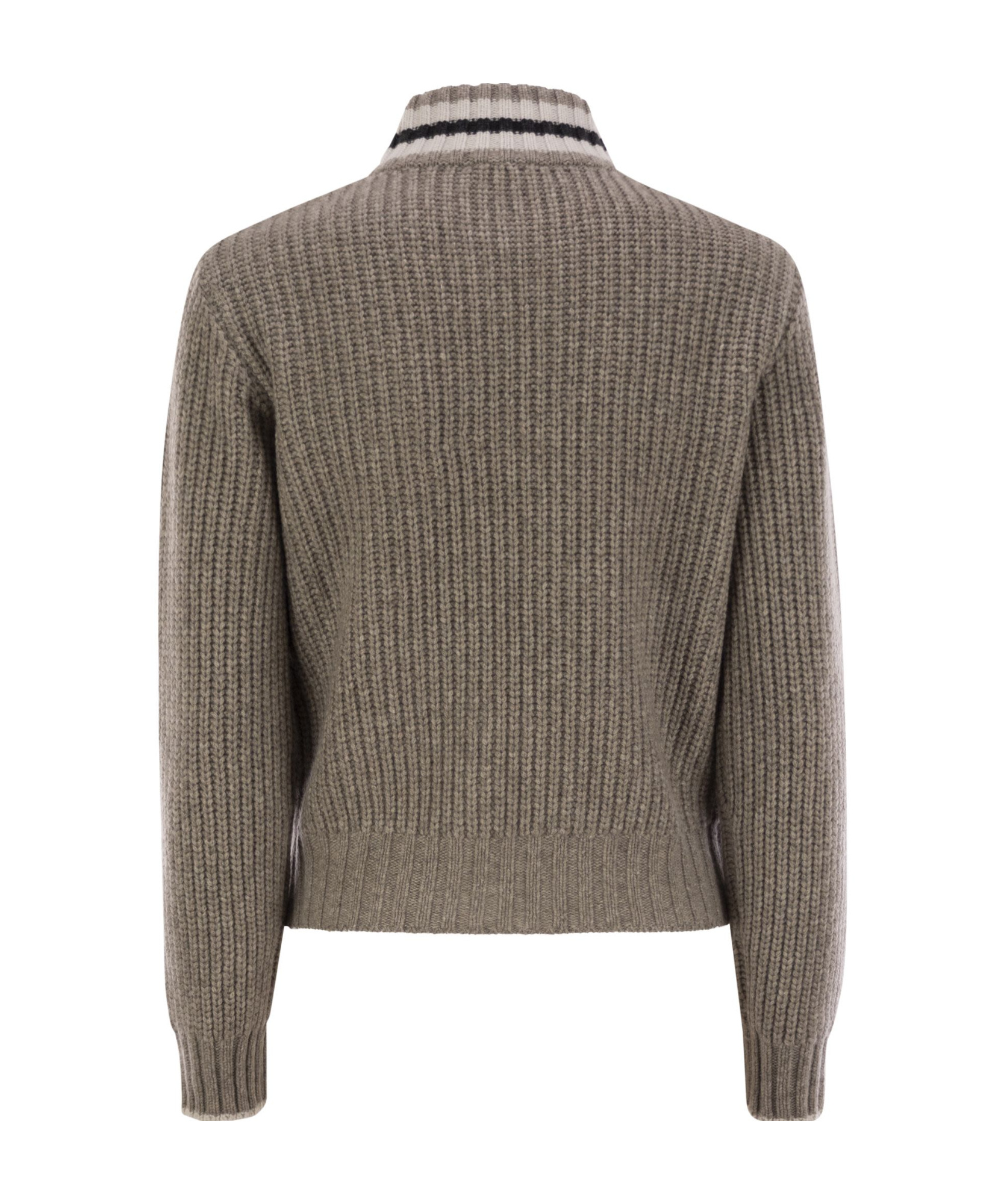 Brunello Cucinelli Cashmere Feather Yarn English Rib Knit Cardigan With Shiny Trims In Green