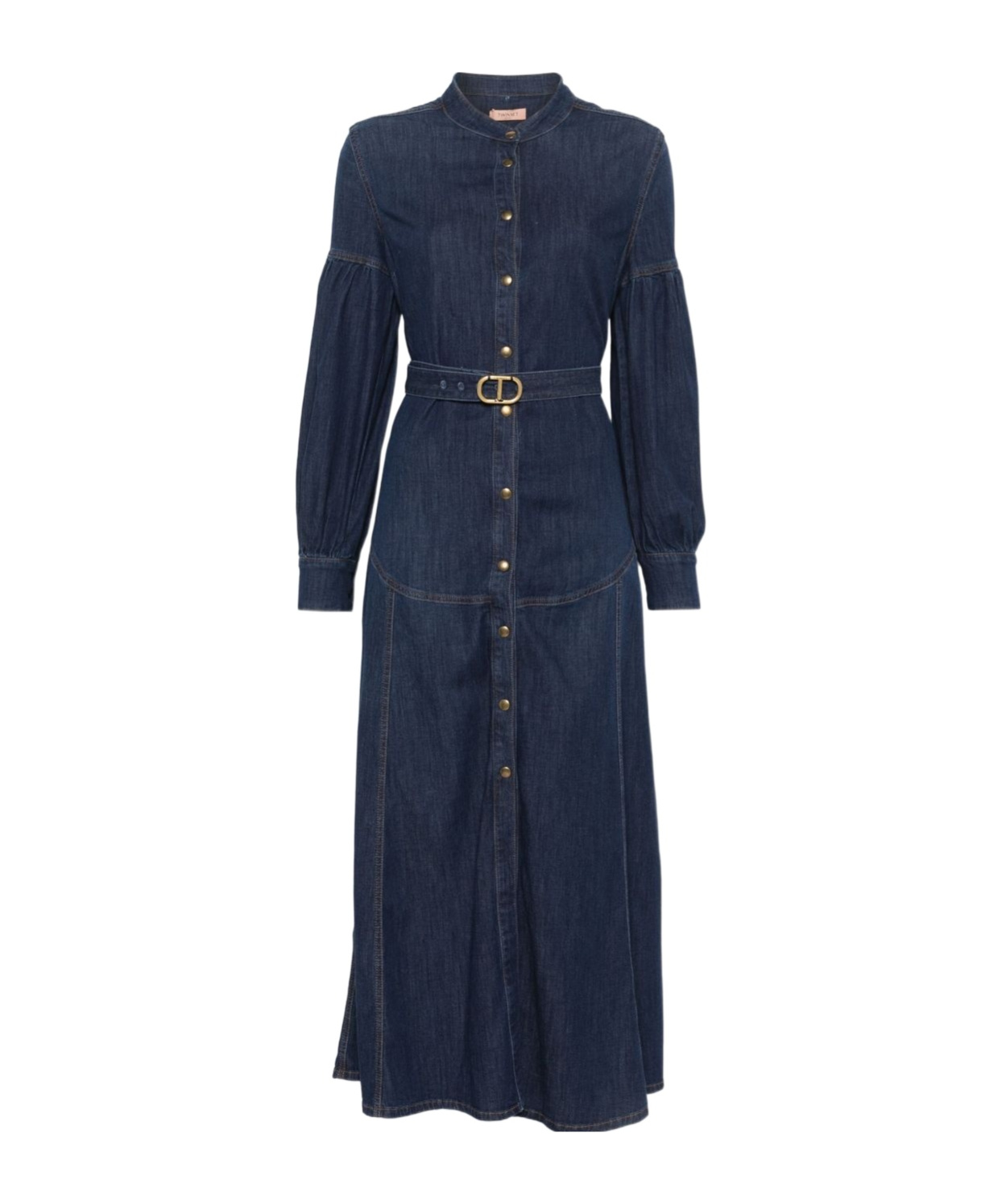 Twinset Denim Midi Dress In Blue With Belted Waist