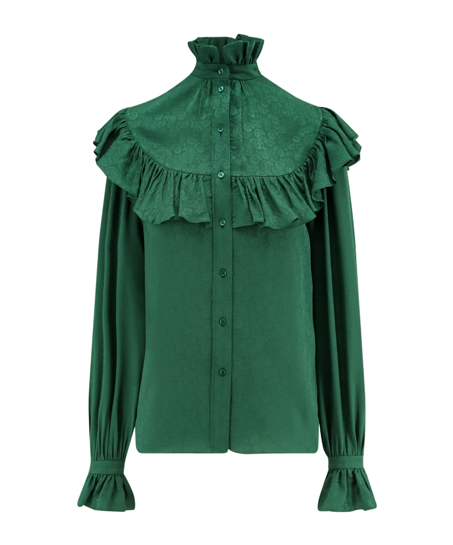 Saint Laurent Ruffled Yoke High-neck Blouse In Green