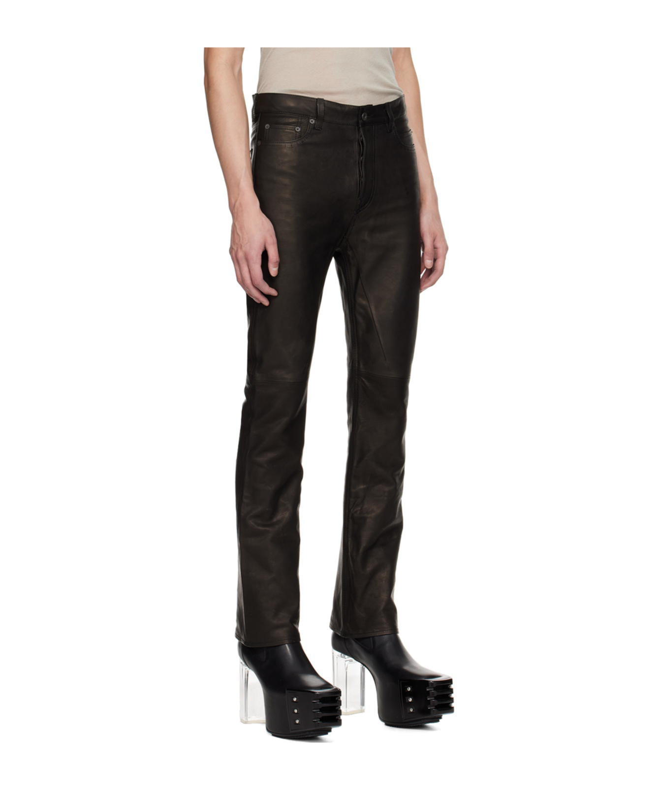 Rick Owens Black Jim Cut Leather Pants In Brown