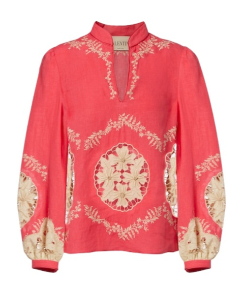 Valentino Embroidered Linen Shirt In Red