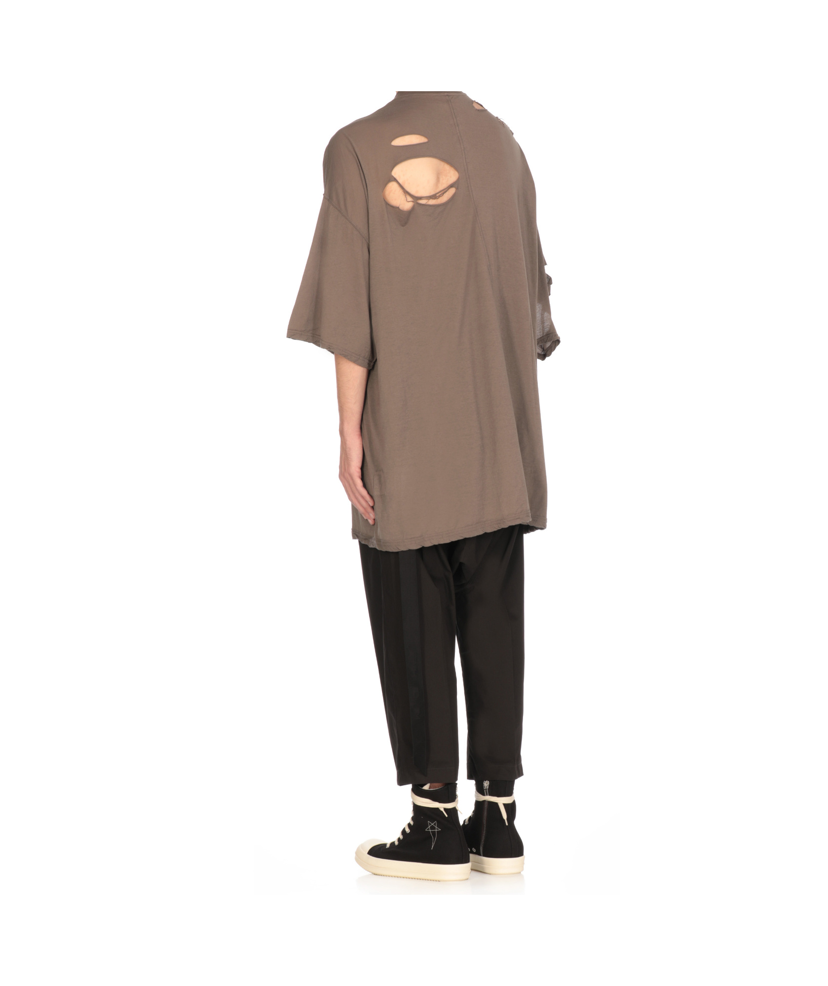 Rick Owens Drkshdw Oversized Crewneck T-shirt Distressed Cut-outs In Brown