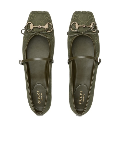 Gucci Canvas Gg Horsebit Ballerina Flats In Green