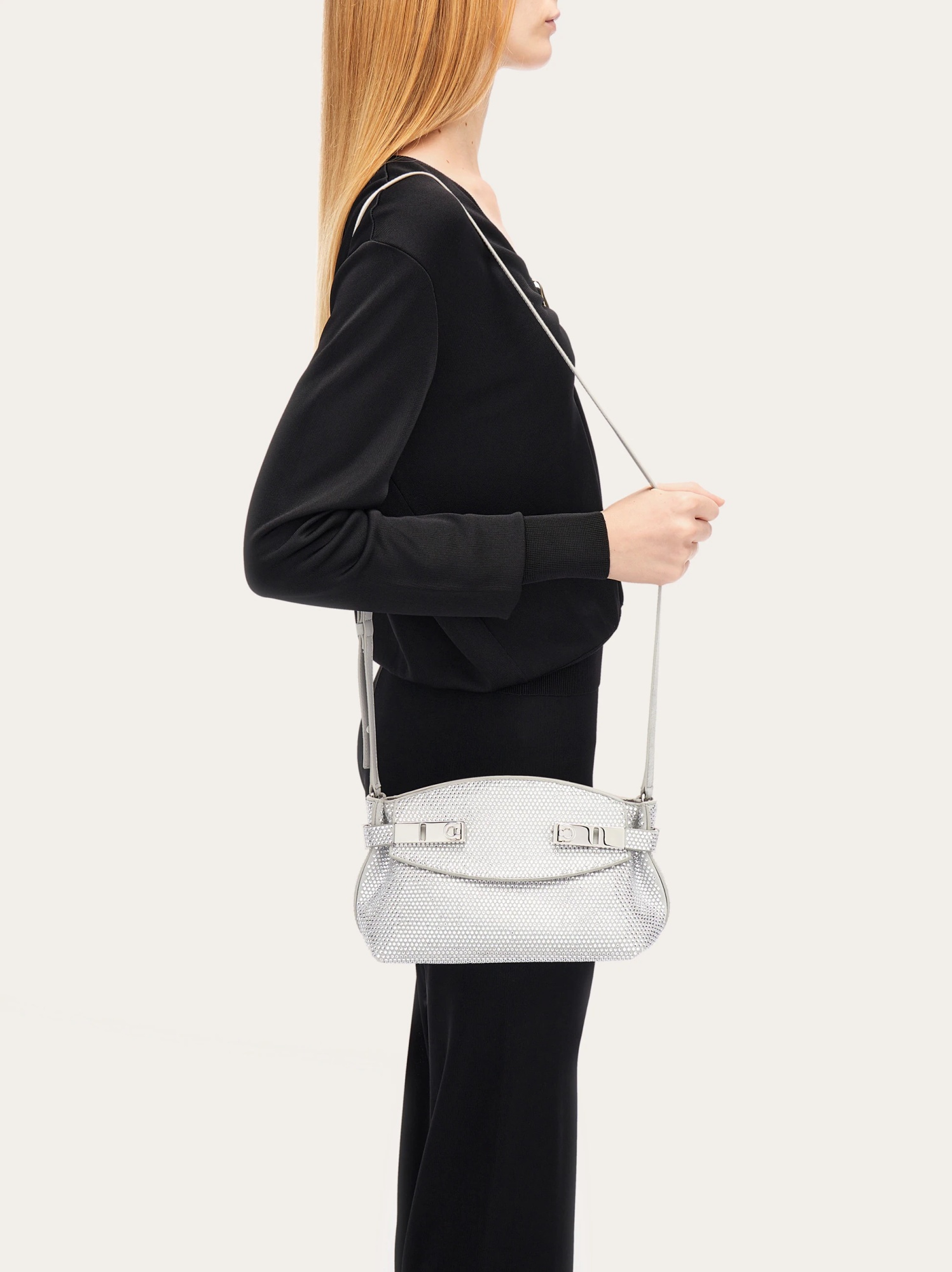 Ferragamo Crystal Decorated Mini Hug Shoulder Bag In Gray