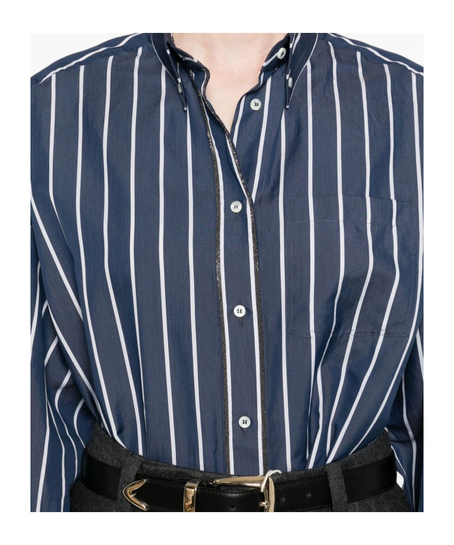 Brunello Cucinelli Women Striped Cotton Shirt In Blue