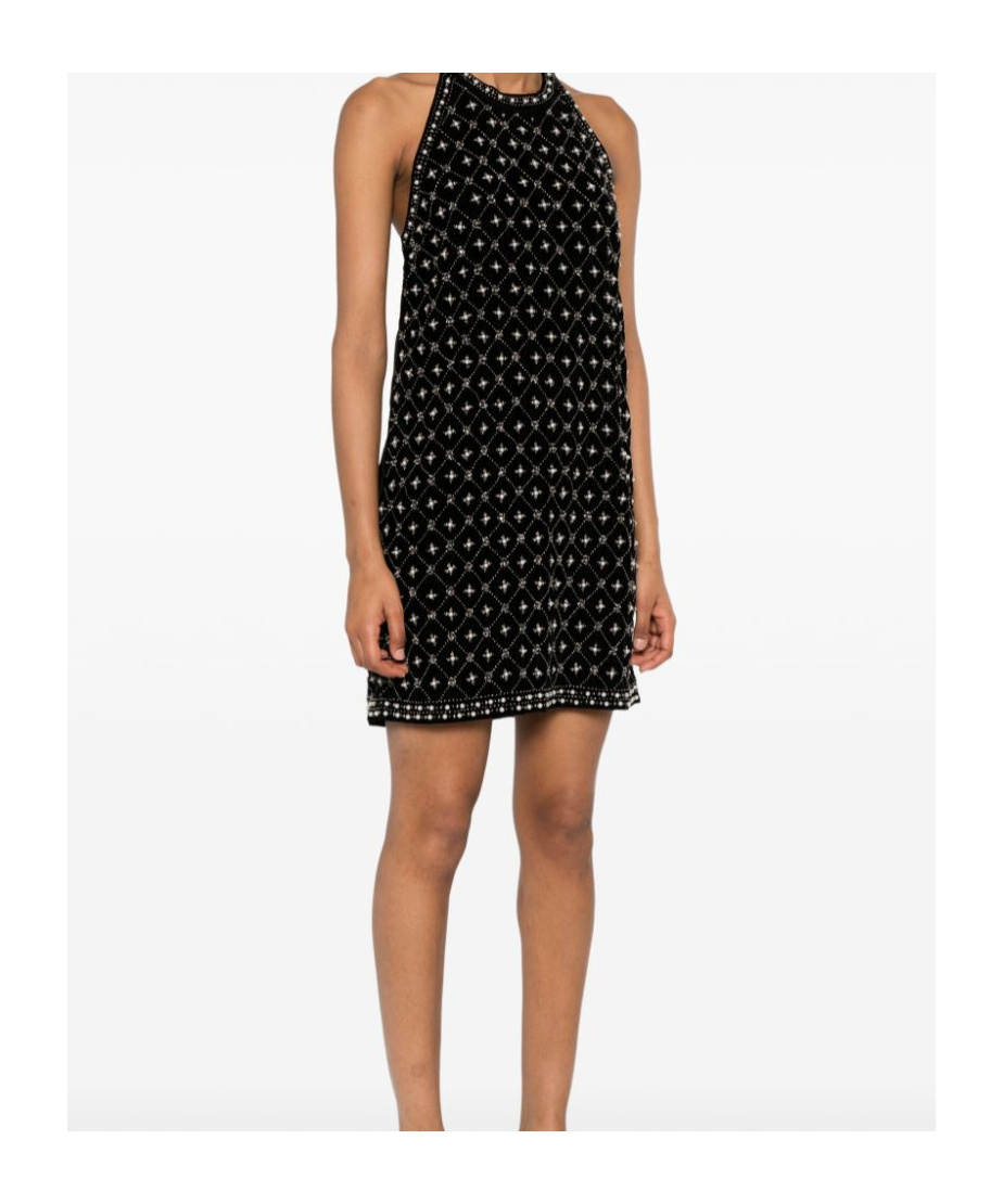 Shop Twinset Crystal-embroidered Velvet Mini Dress In Black